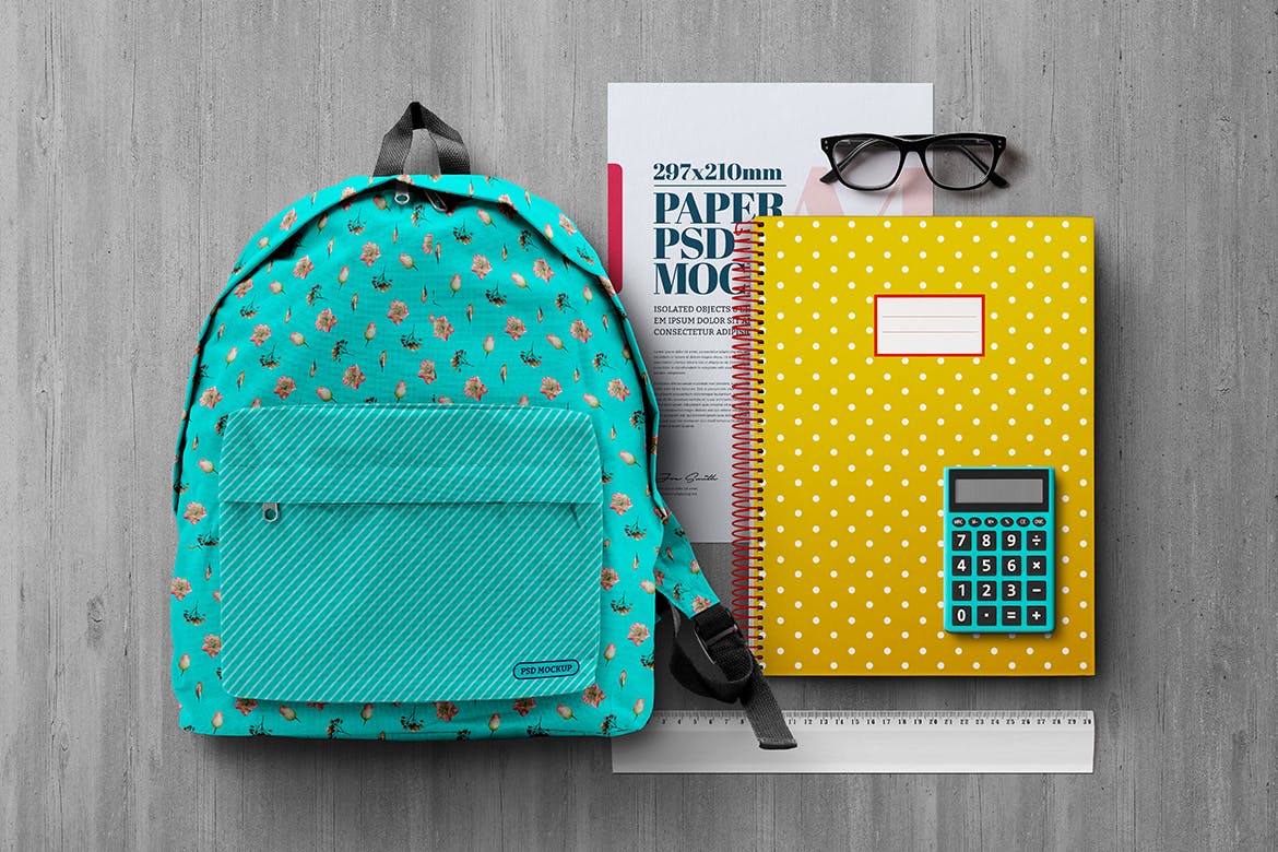学生文具背包学校书包相关元素样机PSD设计素材模板