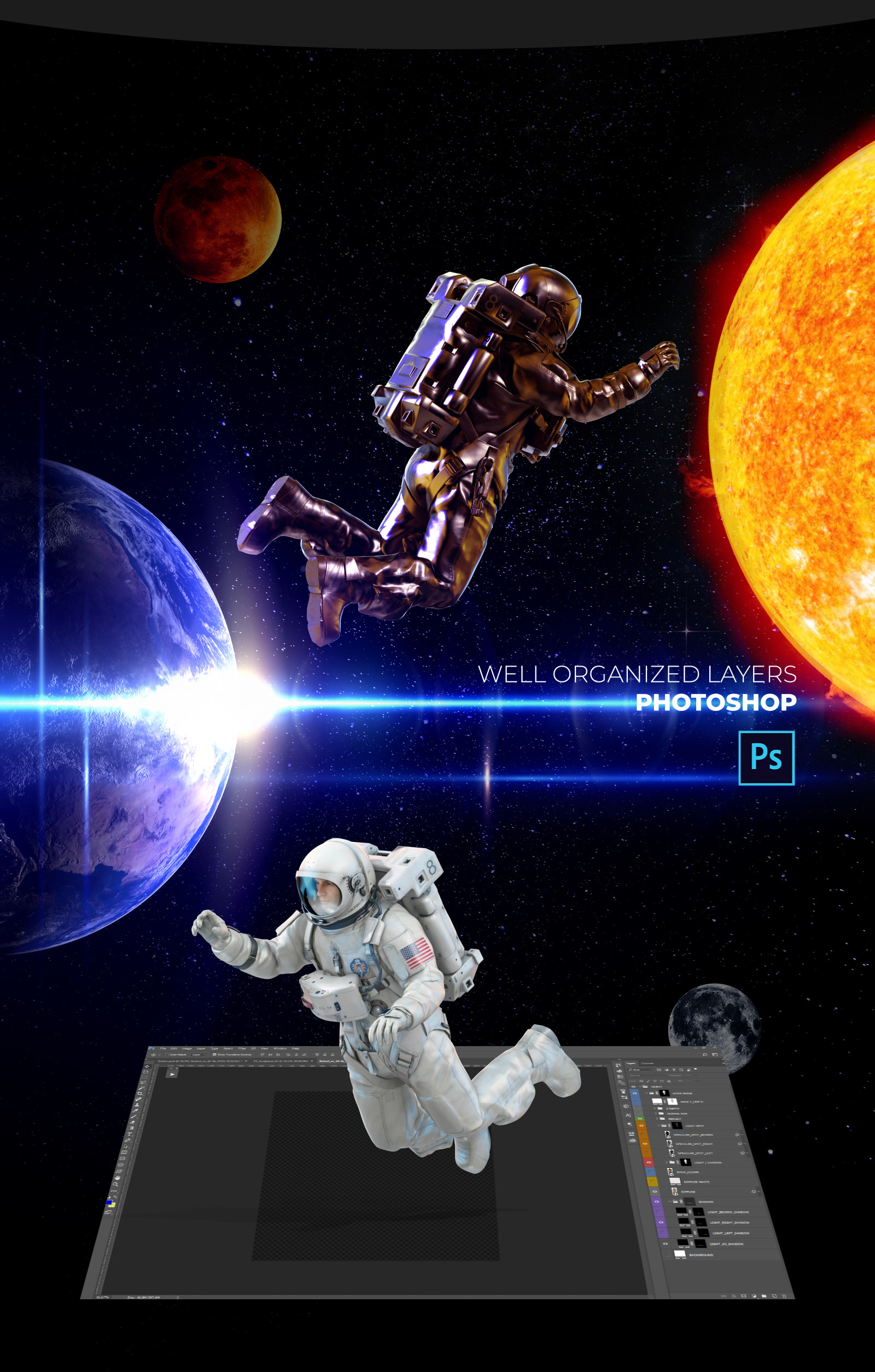 4K高清太空宇航员360°多角度展示3D样机模型贴图PSD设计素材模板