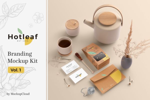  茶叶品牌VI视觉设计效果图样机模板 Hotleaf – Teahouse Branding Mockups 