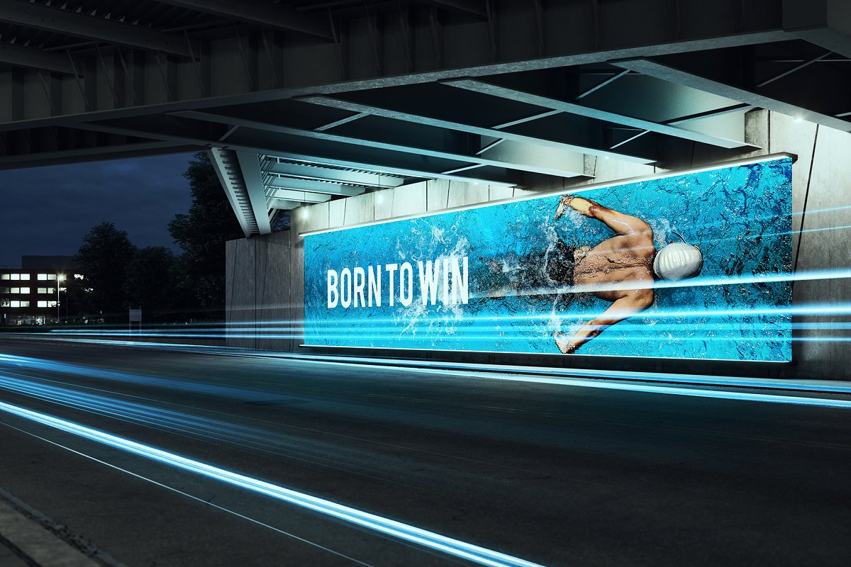 城市桥底灯光广告牌灯箱海报样机素材智能贴图Mockup设计素材模板