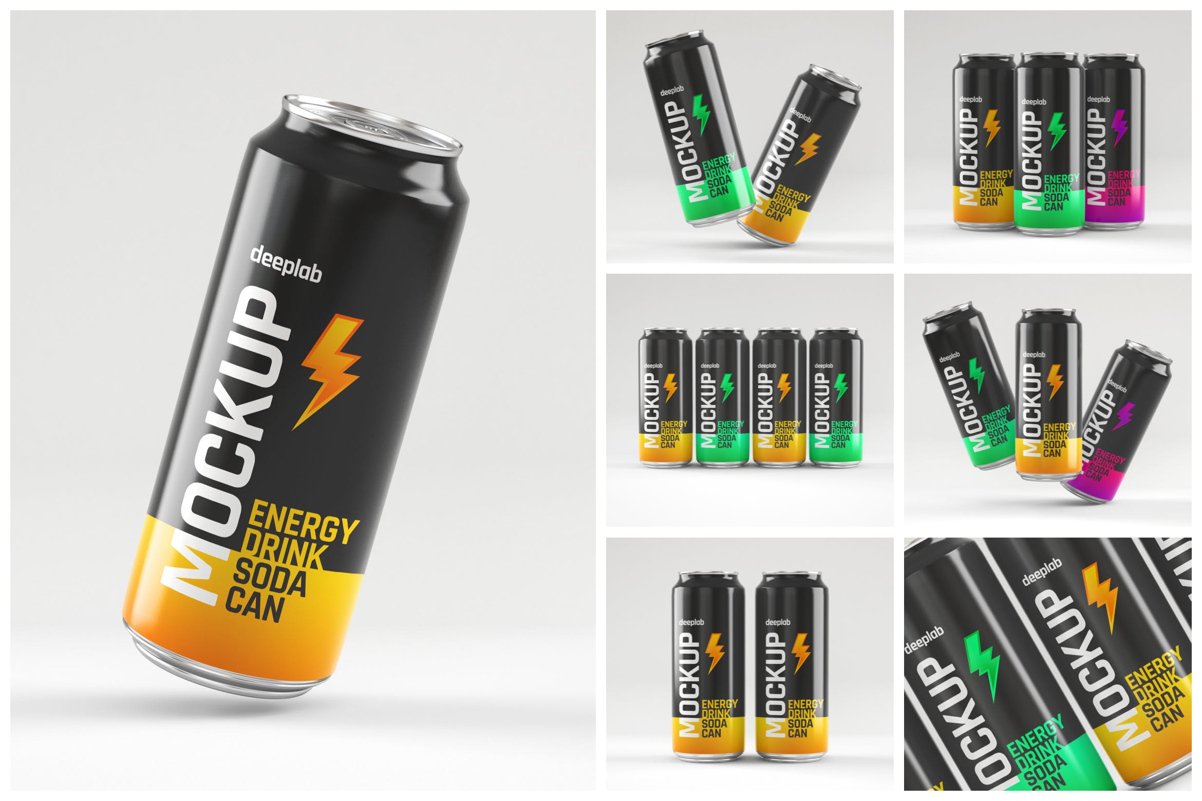 光泽的能量饮料苏打水易拉罐包装设计样机集 Glossy Energy Soda Can Mockup Set设计素材模板