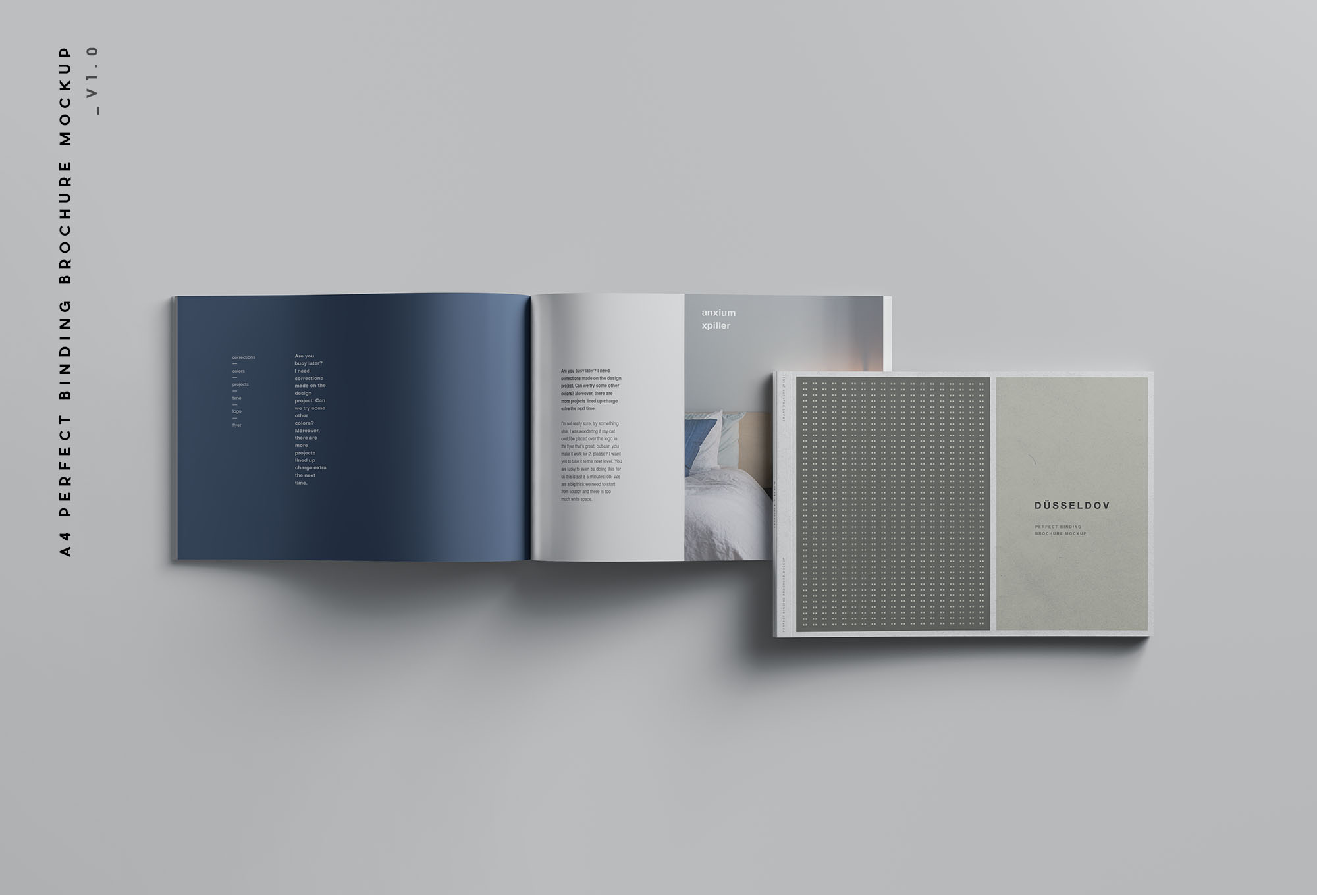 企业画册/产品手册封面&内页排版设计展示样机 A4 Landscape Perfect Binding Brochure Mockup设计素材模板