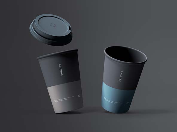 一次性咖啡纸杯设计样机模板 Two Disposable Coffee Cups Mockup