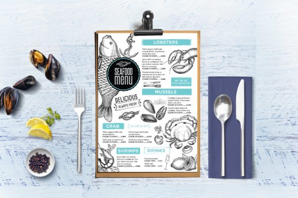 海鲜餐厅菜单设计模板 Seafood Menu Placemat
