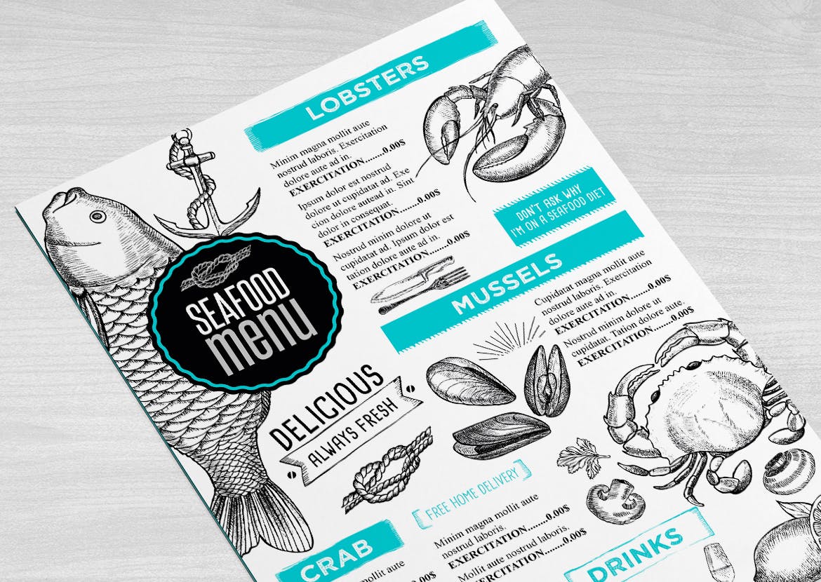 海鲜餐厅菜单设计模板 Seafood Menu Placemat设计素材模板