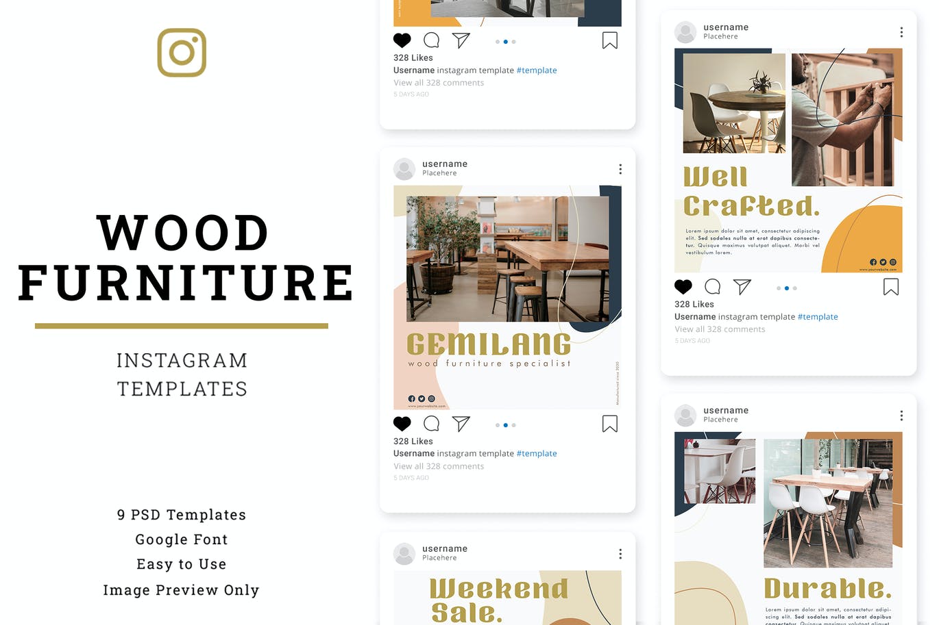 木制 家具 促销 广告Instagram帖子社交贴图 Wood Furniture Instagram Post Template设计素材模板