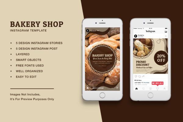面包 蛋糕店 食品 促销Instagram故事&帖子模板 Bakery Instagram Stories and Post Template