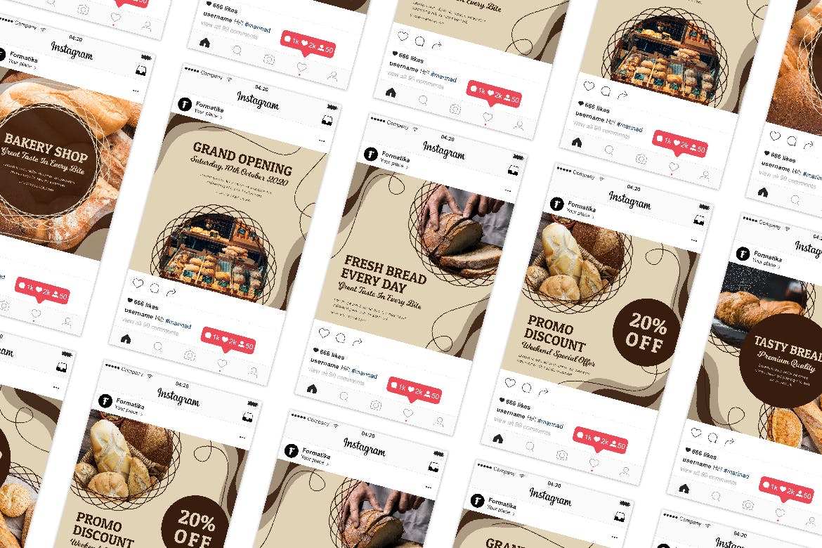 面包 蛋糕店 食品 促销Instagram故事&帖子模板 Bakery Instagram Stories and Post Template设计素材模板