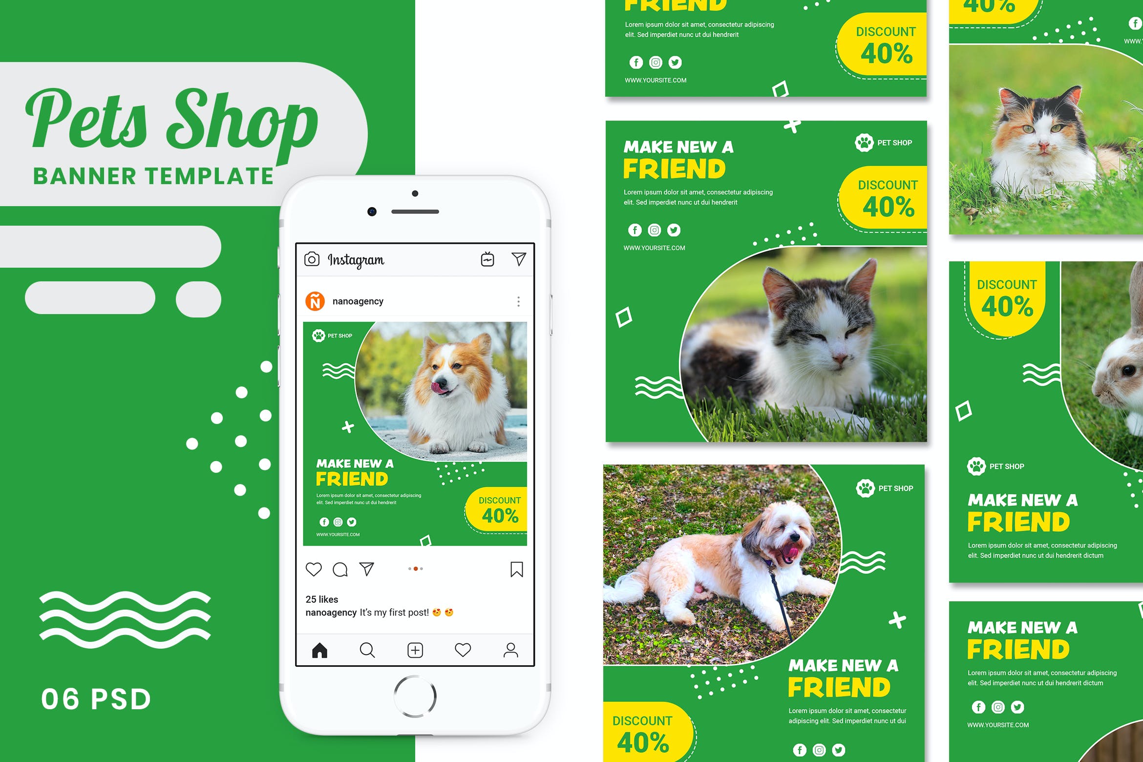 宠物商店 Instagram帖子 社交媒体 广告 设计 素材 Pets Shop Instagram Post Collection Banner设计素材模板