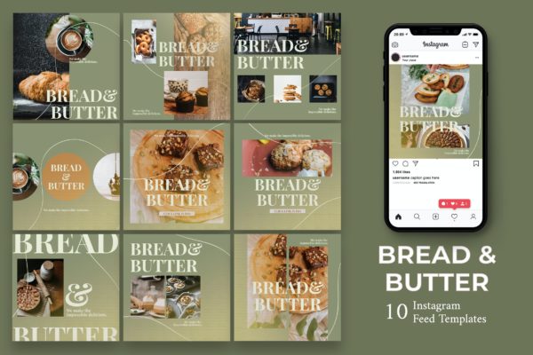 面包 黄油 甜点特色小吃Instagram帖子社交贴图模板 Bread And Butter – Food Instagram