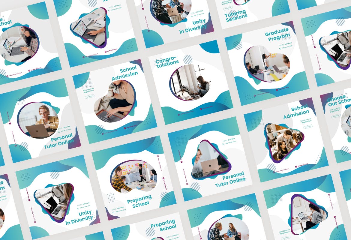 蓝色拼图风格大学教育机构社交媒体Instagram帖子&故事设计模板 Elegant Puzzle School Instagram Post &设计素材模板