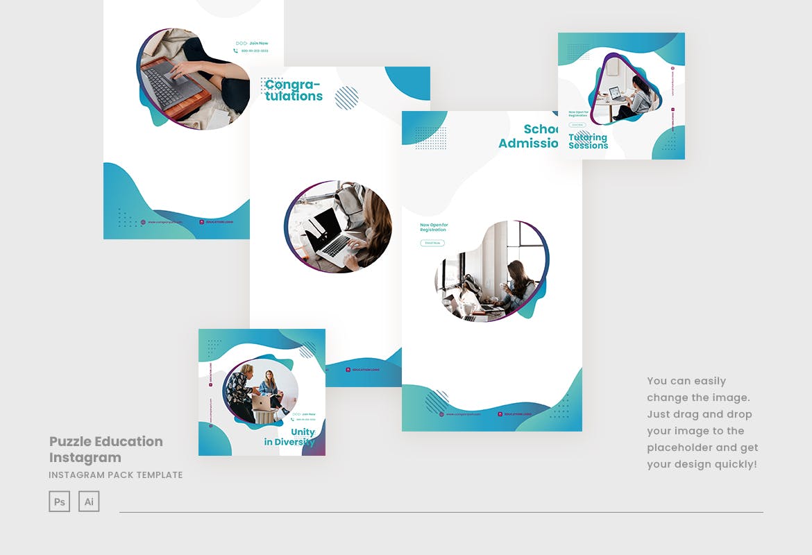 蓝色拼图风格大学教育机构社交媒体Instagram帖子&故事设计模板 Elegant Puzzle School Instagram Post &设计素材模板