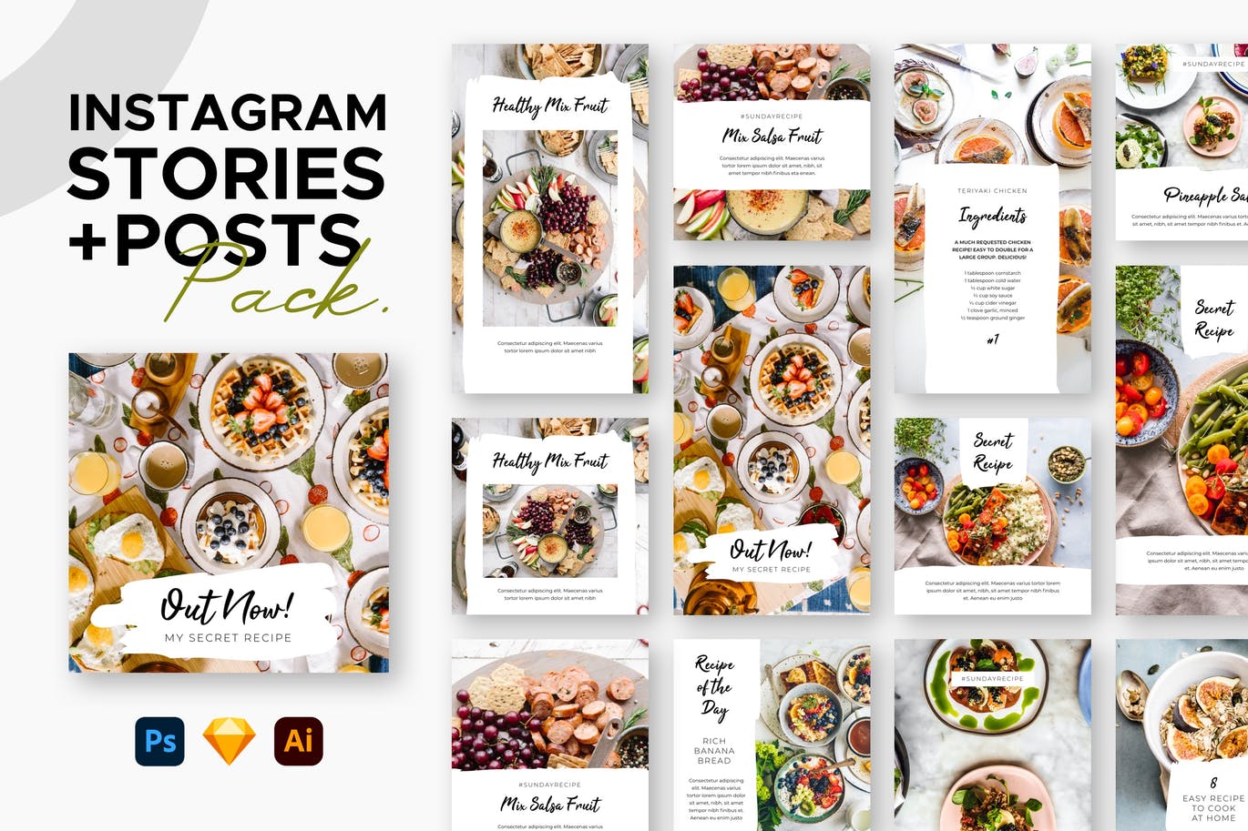 健康沙拉食品美食促销活动Instagram故事&帖子设计模板 Instagram Stories + Posts设计素材模板