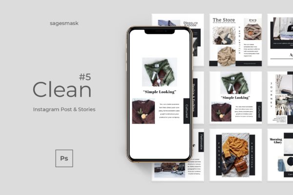 秋冬新品服装服饰品牌推广Instagram帖子&故事设计模板 Clean 5 Instagram Post & Stories