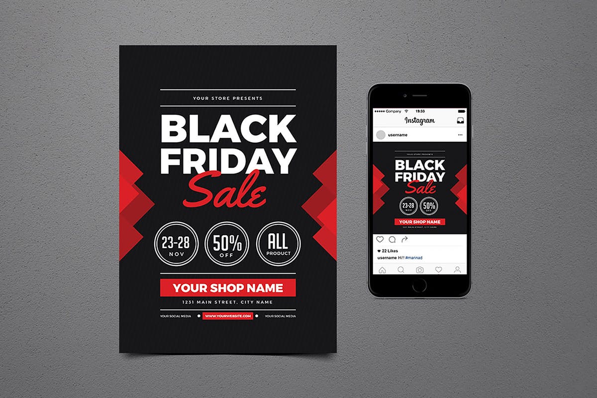 黑色星期五大促销宣传单+ Instagram帖子模板 Black Friday Flyer+ Instagram Post设计素材模板