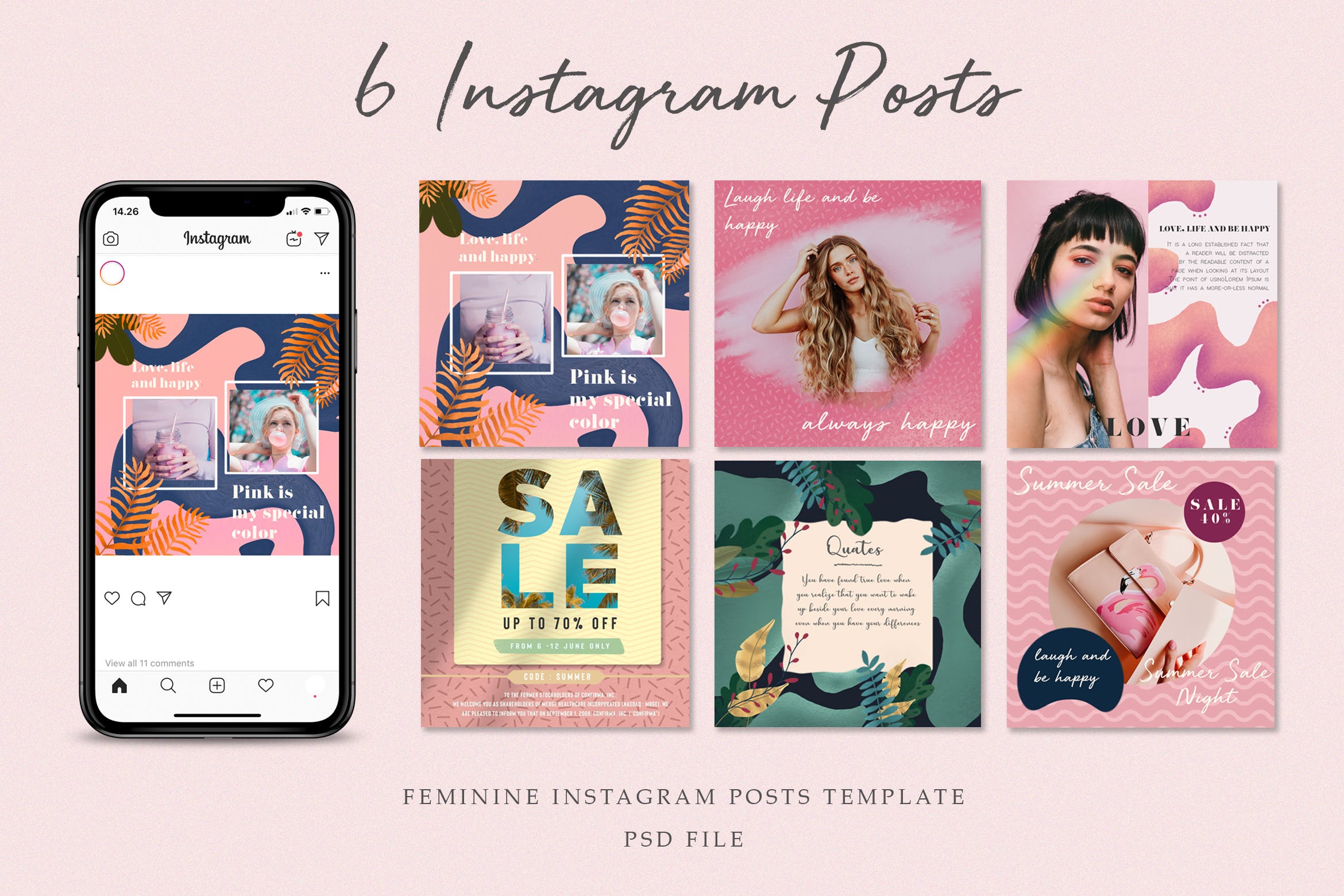 女性服装商店折扣大促销Instagram帖子设计模板 Feminine Instagram Posts设计素材模板
