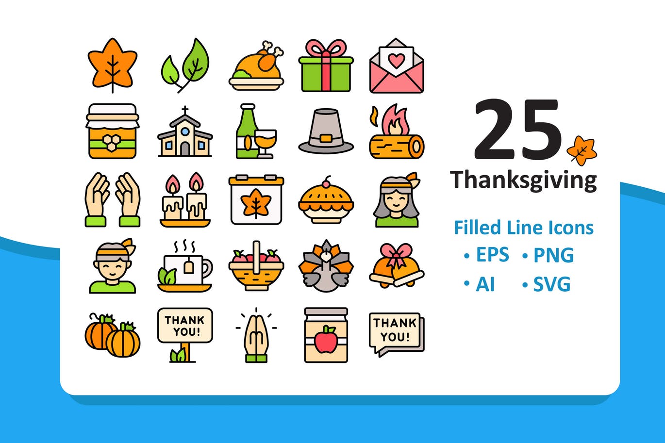 感恩节主题填充色线性图标 25 Thanksgiving Icons – FIlled Line设计素材模板