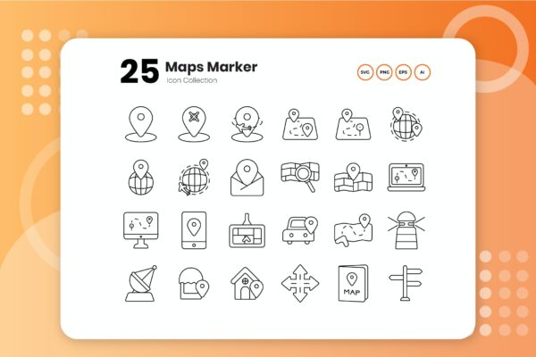 地图标记矢量轮廓图标集 25 Maps Marker Outline Icon Set