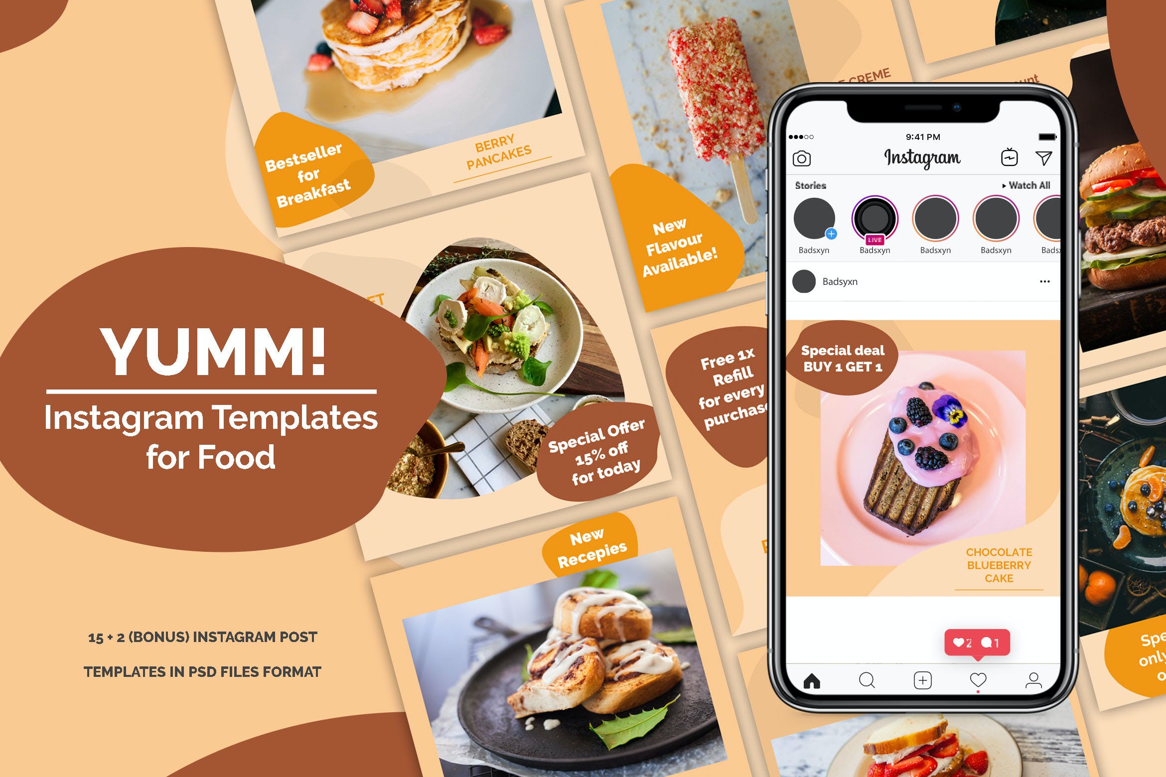 高级餐厅美食品牌社交媒体宣传Instagram帖子设计模板 Yumm! Instagram Post Templates设计素材模板