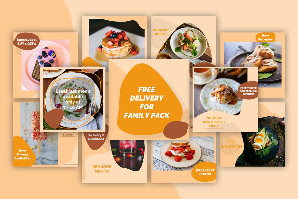 高级餐厅美食品牌社交媒体宣传Instagram帖子设计模板 Yumm! Instagram Post Templates设计素材模板