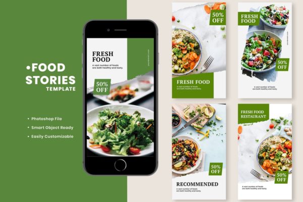 健康饮食餐厅推广Instagram故事贴图社交媒体模板 Fresh Food Instagram Stories Template