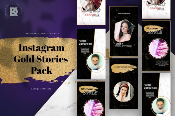 复古人物头像展示Instagram故事贴图社交媒体模板包 Gold Brush Instagram Stories Pack