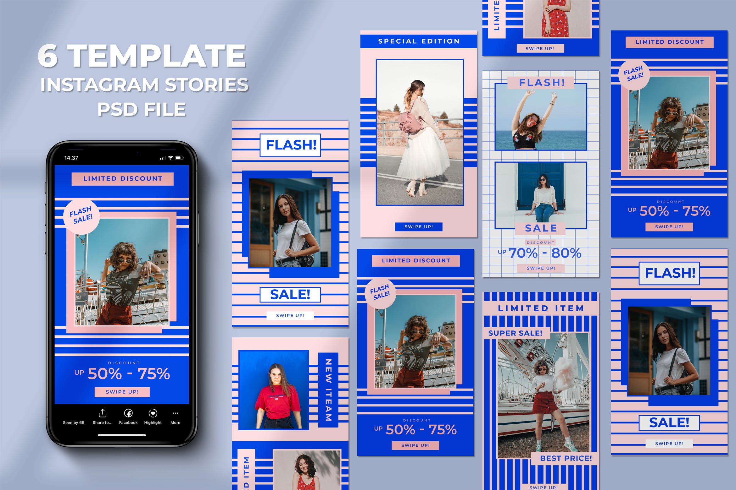 粉蓝配色少女系列Instagram故事贴图社交媒体模板 Flash Sale Instagram Stories设计素材模板