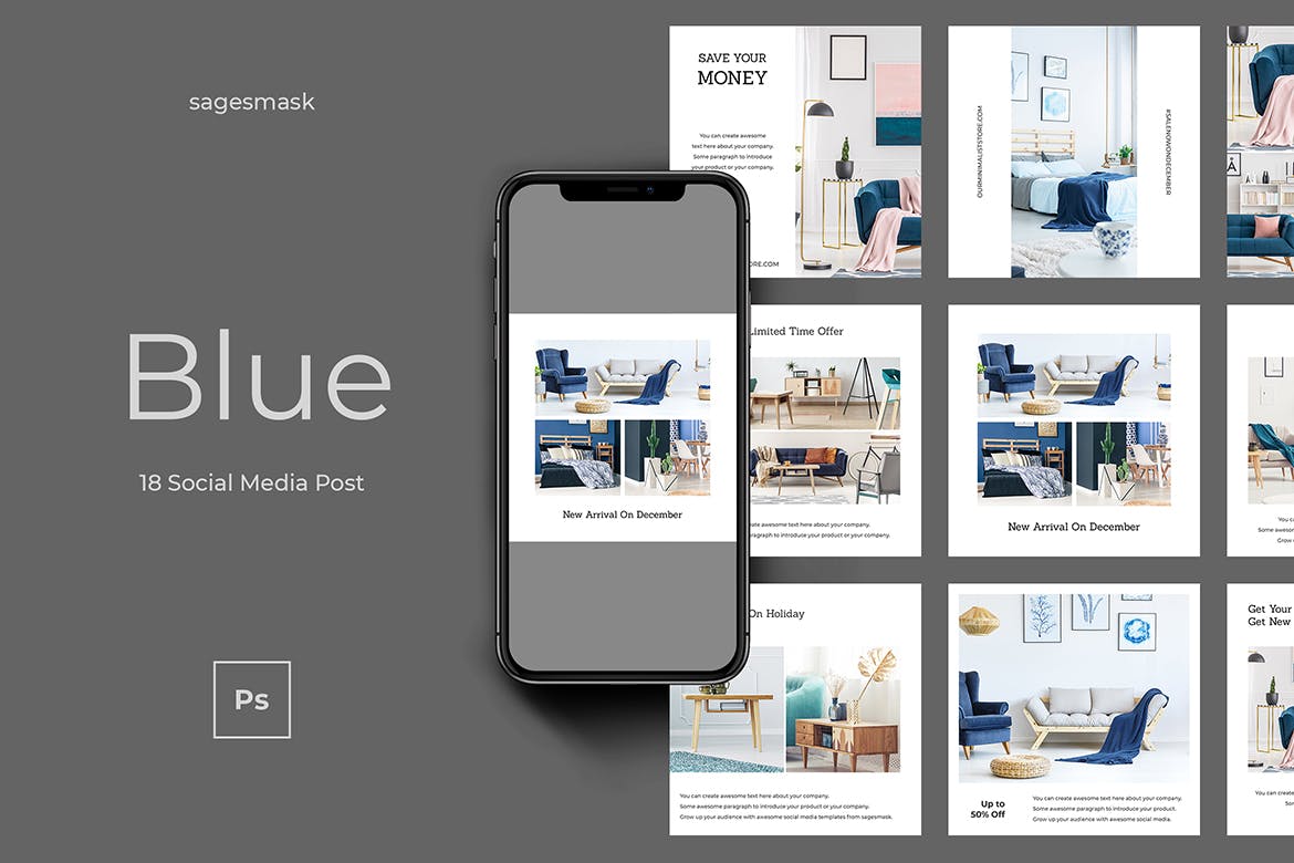 家具店促销推广社交媒体定制帖子模板 Blue Social Media Post设计素材模板