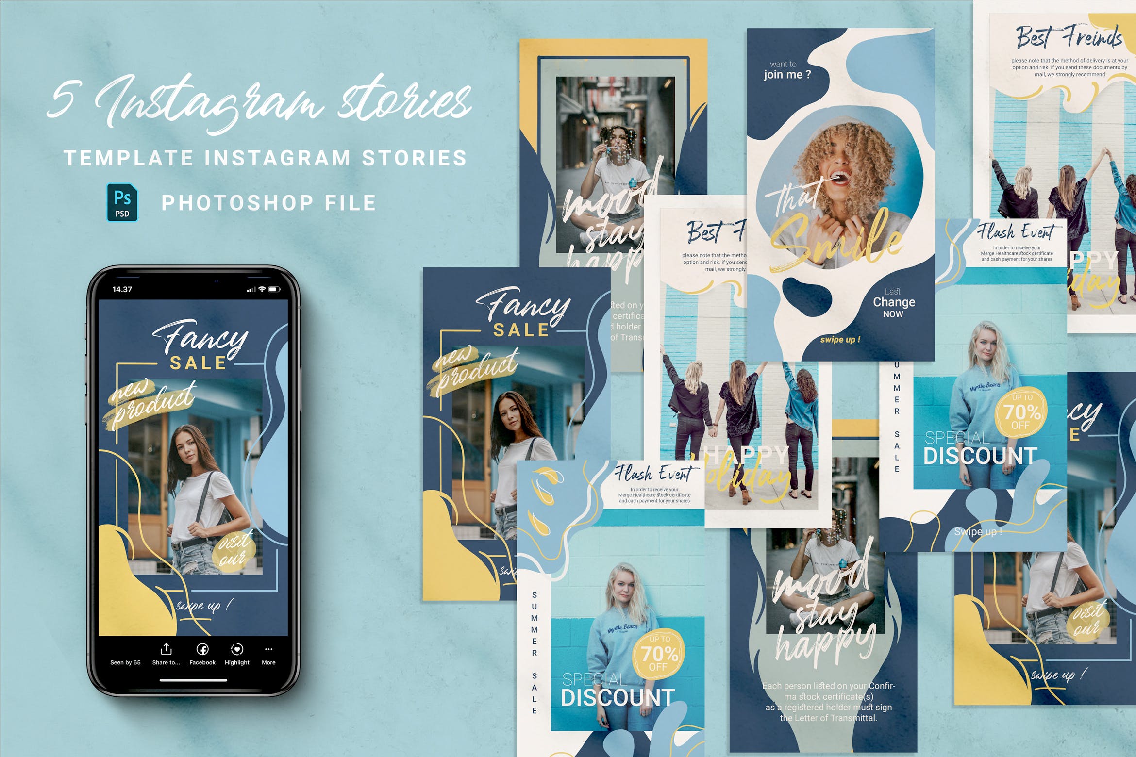 蓝色线条描绘元素Instagram故事贴图定制模板 Blue Instagram stories设计素材模板