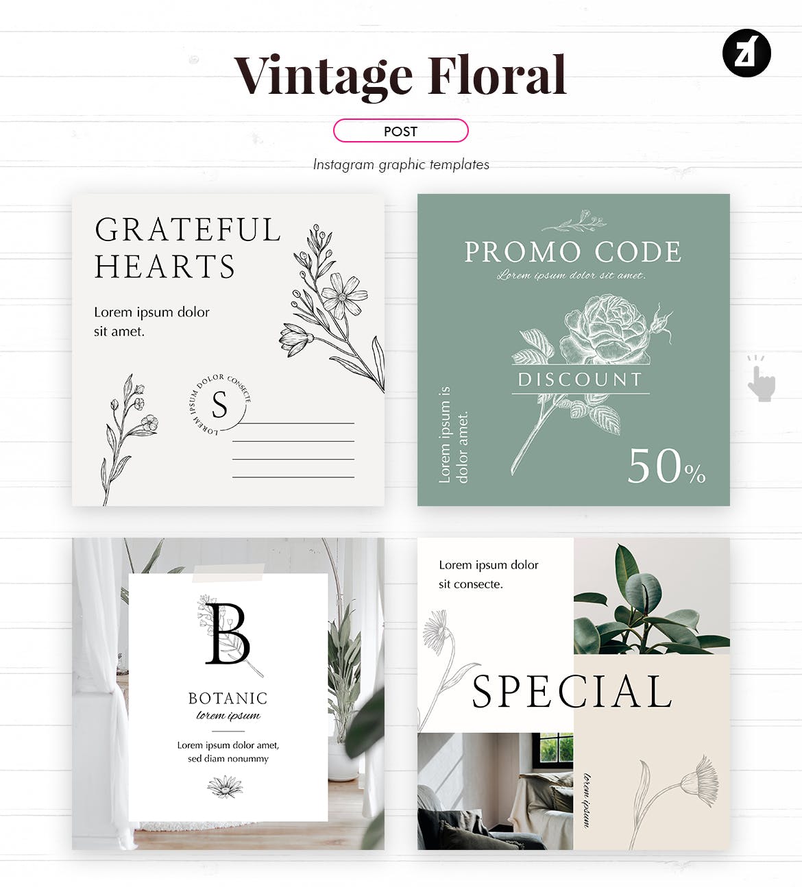 复古花卉社交媒体图形模板定制素材包 Vintage floral social media graphic templates设计素材模板