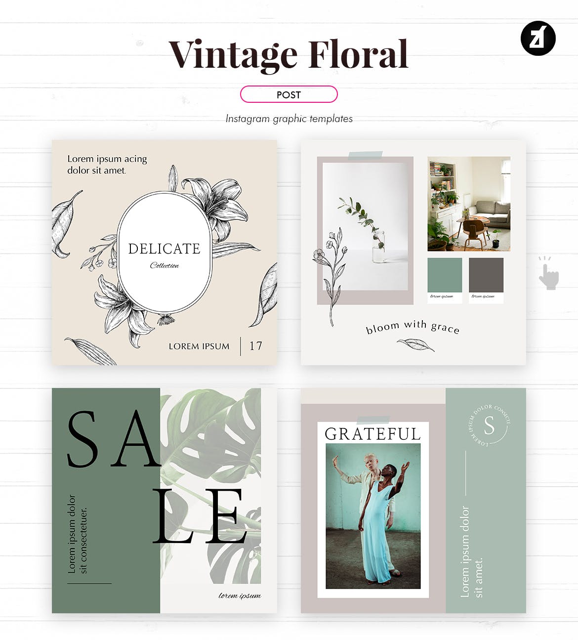 复古花卉社交媒体图形模板定制素材包 Vintage floral social media graphic templates设计素材模板