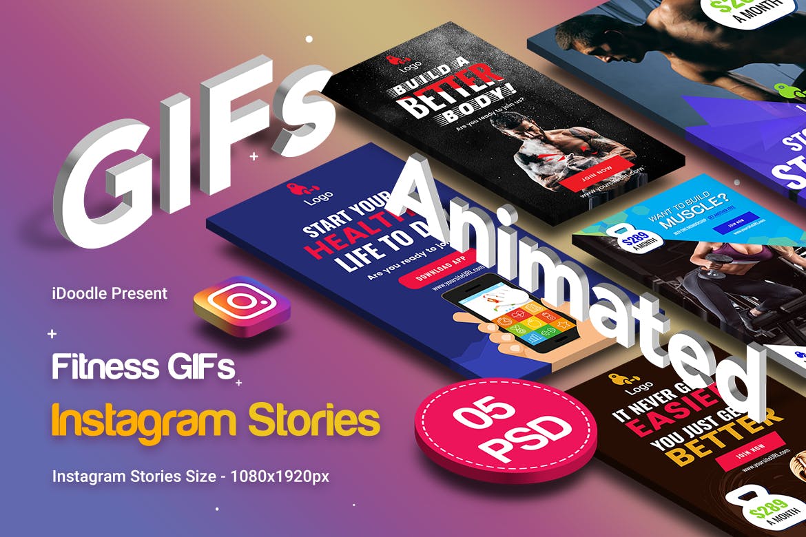 动态gif健身俱乐部Instagram广告营销社交媒体模板 Animated GIFs Gym & Fitness Instagram Stories设计素材模板