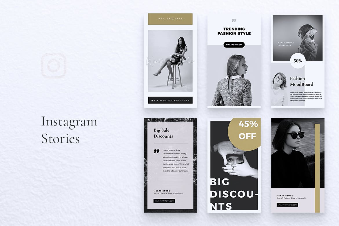 时尚黑白风格Instagram故事社交媒体贴图模板 MSKTR Instagram Stories设计素材模板