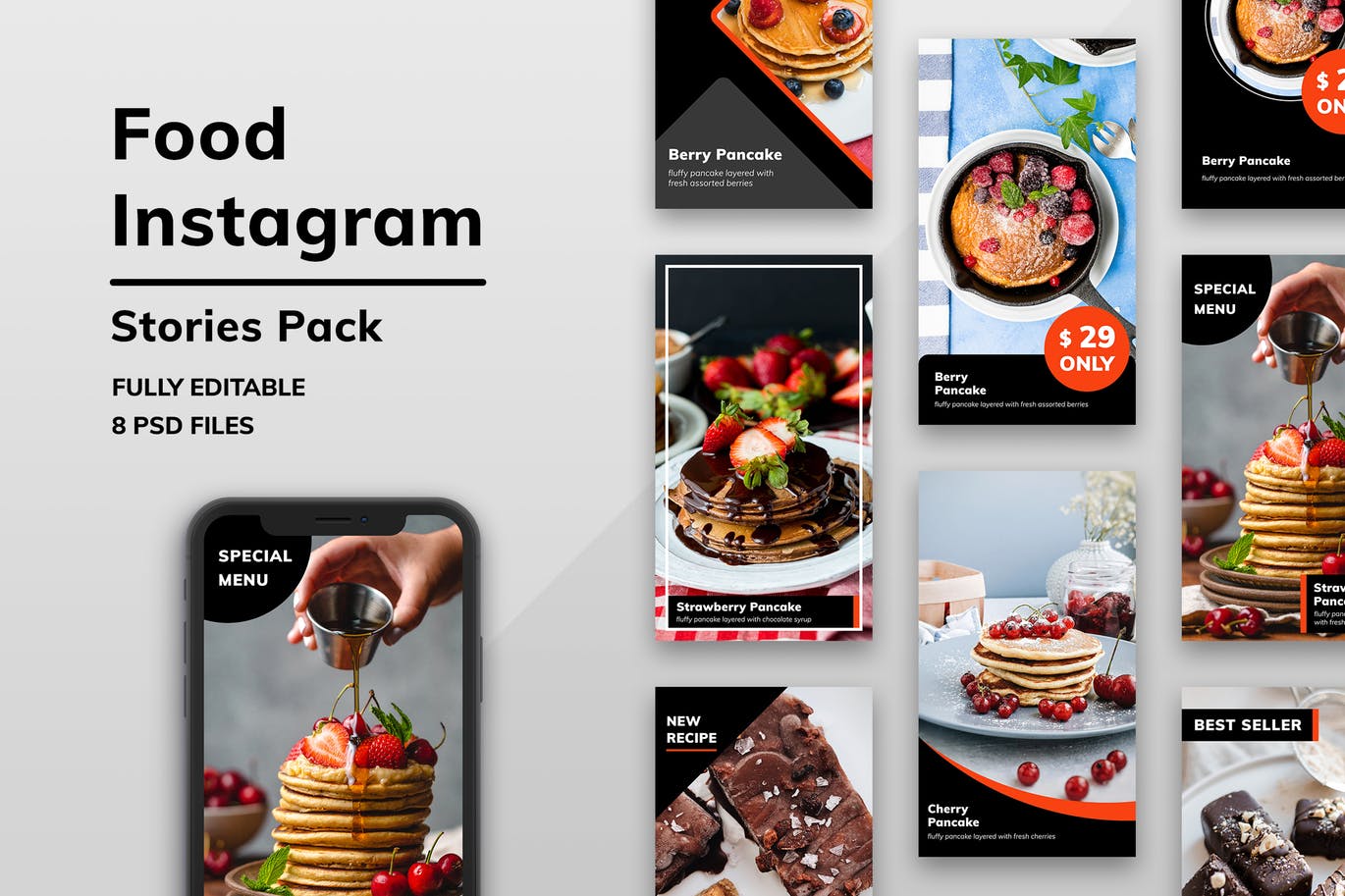 美食博主社交媒体分享Instagram故事设计贴图模板 Food Instagram Stories Pack设计素材模板