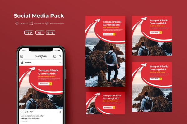 四款不同尺寸的远足旅行推广社交媒体广告图设计模板v2.10 ADL Social Media Pack.v