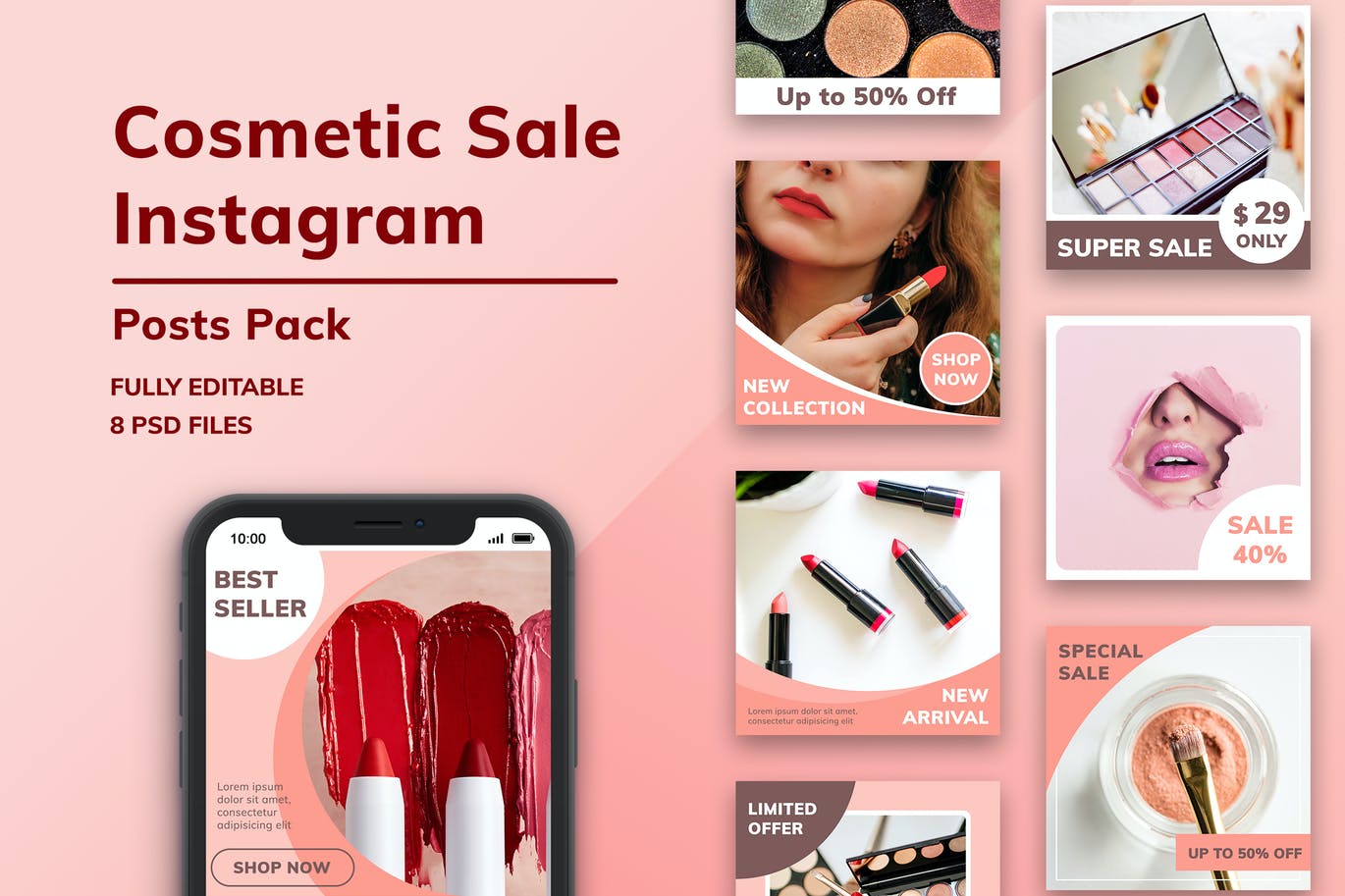 化妆品折扣大促销Instagram帖子社交素材包 Cosmetic Sale Instagram Posts Pack设计素材模板