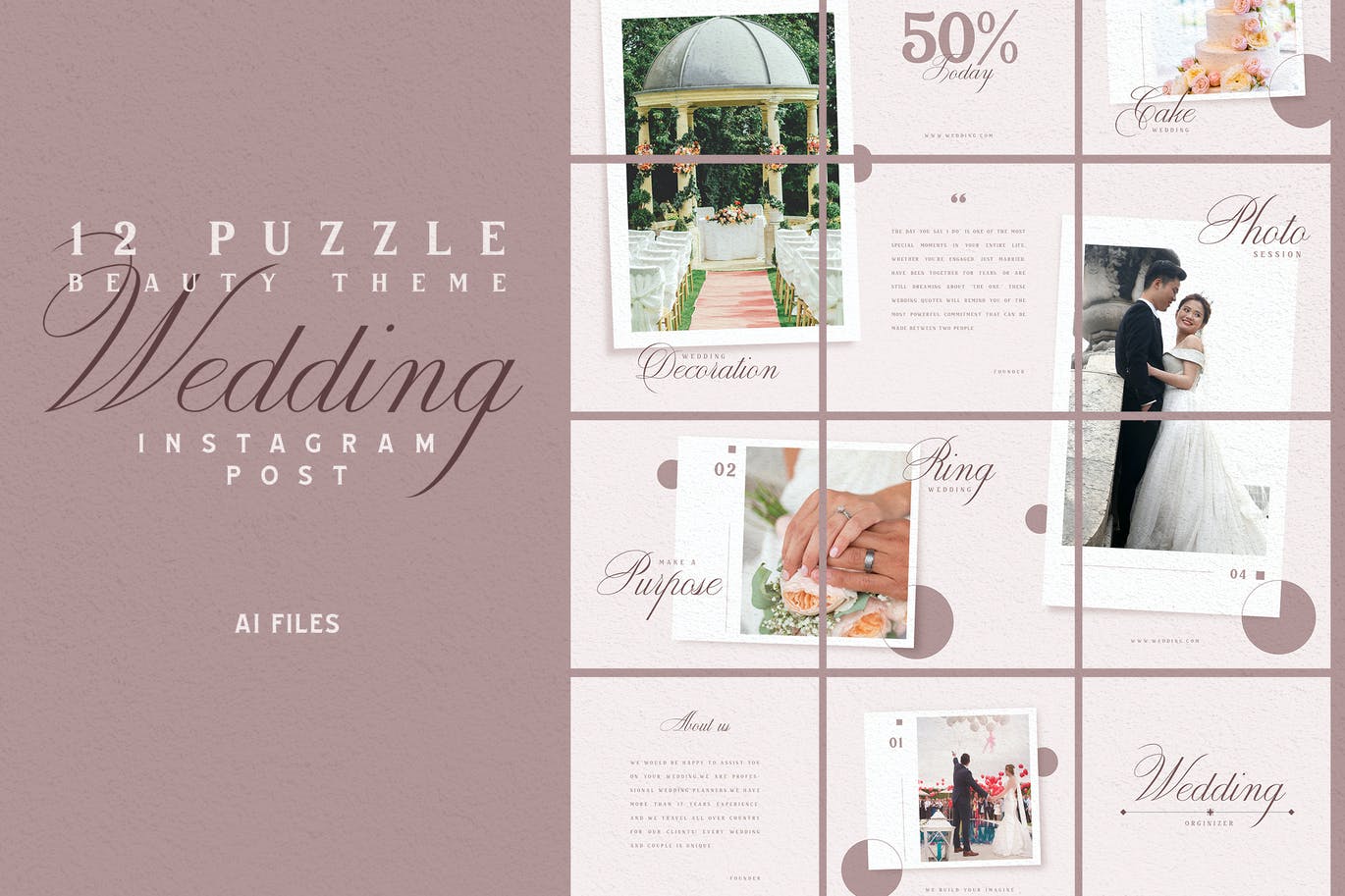 拼图风格浪漫婚礼Instagram帖子社交媒体贴图素材 Beauty Puzzle Theme – Wedding Instagram Post设计素材模板
