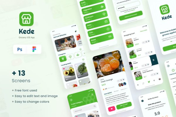 杂货店在线购物电子商城iOS APP应用软件UI套件设计模板 Kede – Grocery iOS App Des