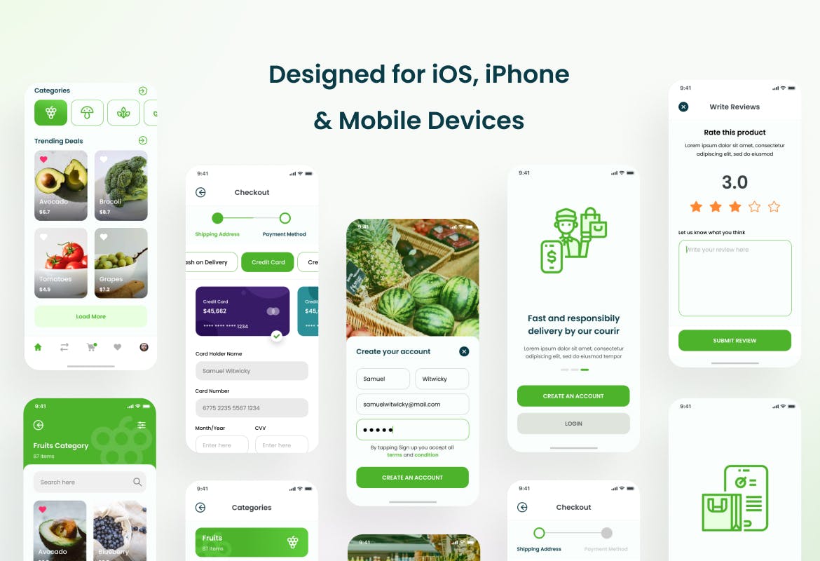 杂货店在线购物电子商城iOS APP应用软件UI套件设计模板 Kede – Grocery iOS App Design UI Template设计素材模板
