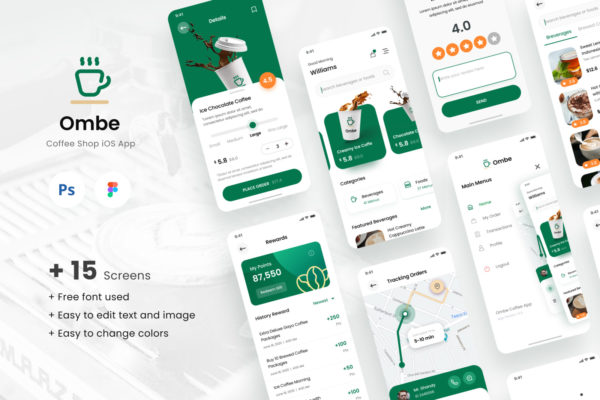 现代简约咖啡在线预定外卖iOS APP应用程序设计UI套件素材推广 Ombe – Coffee Sho