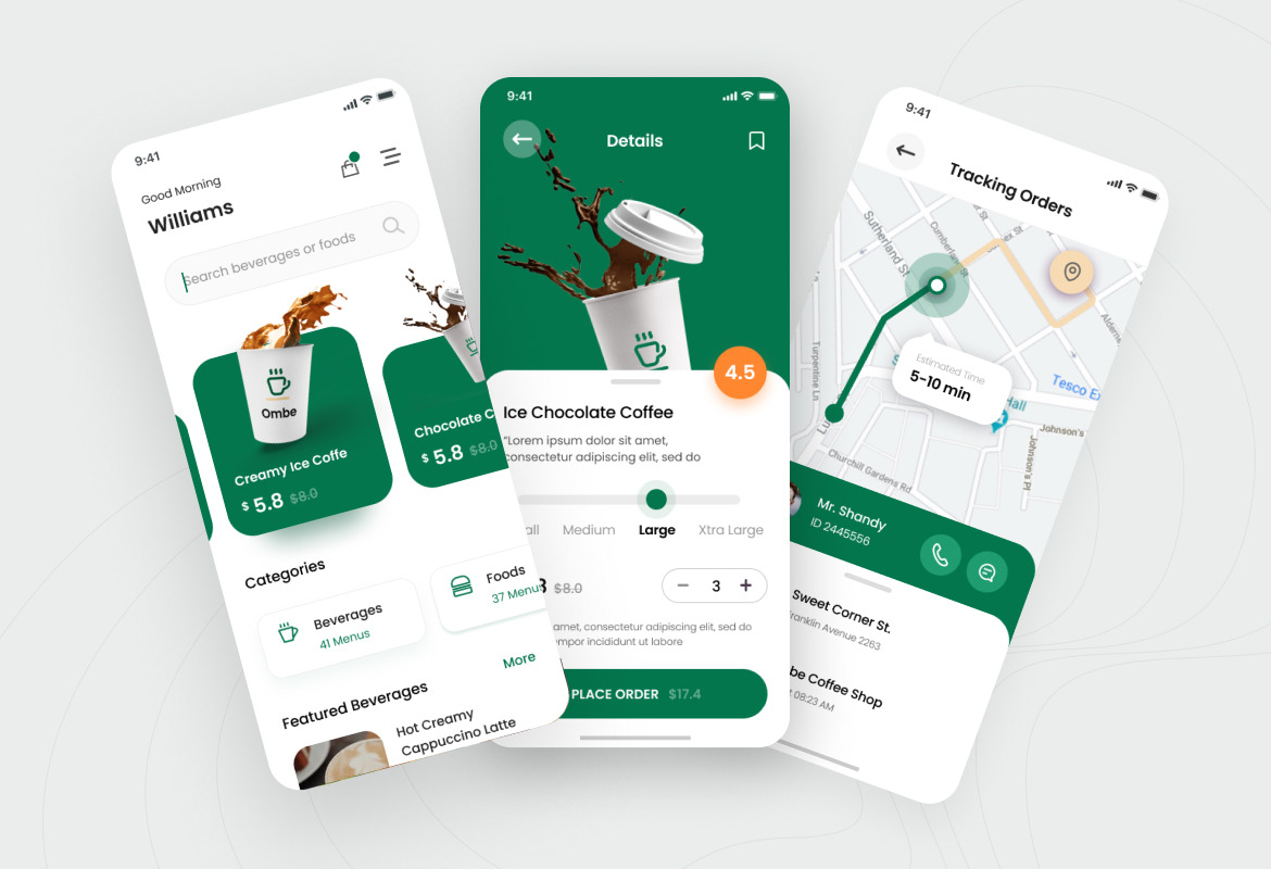 现代简约咖啡在线预定外卖iOS APP应用程序设计UI套件素材推广 Ombe – Coffee Shop iOS App Design UI 设计素材模板