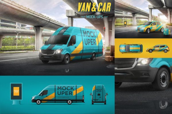 汽车＆小货车车身广告设计样机模板 Van & Car Mock-Ups (2 PSD)