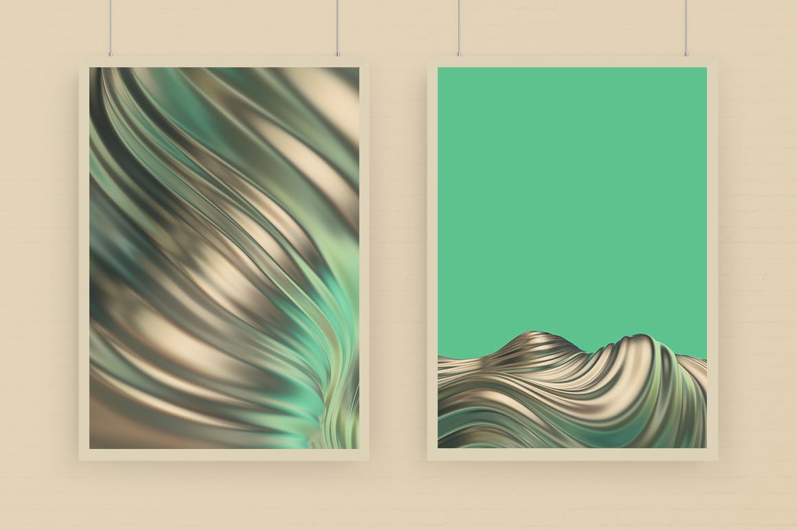 金绿色3D波浪条纹抽象背景图素材 Abstract 3D Wavy Striped Backgrounds -Gold & Green设计素材模板