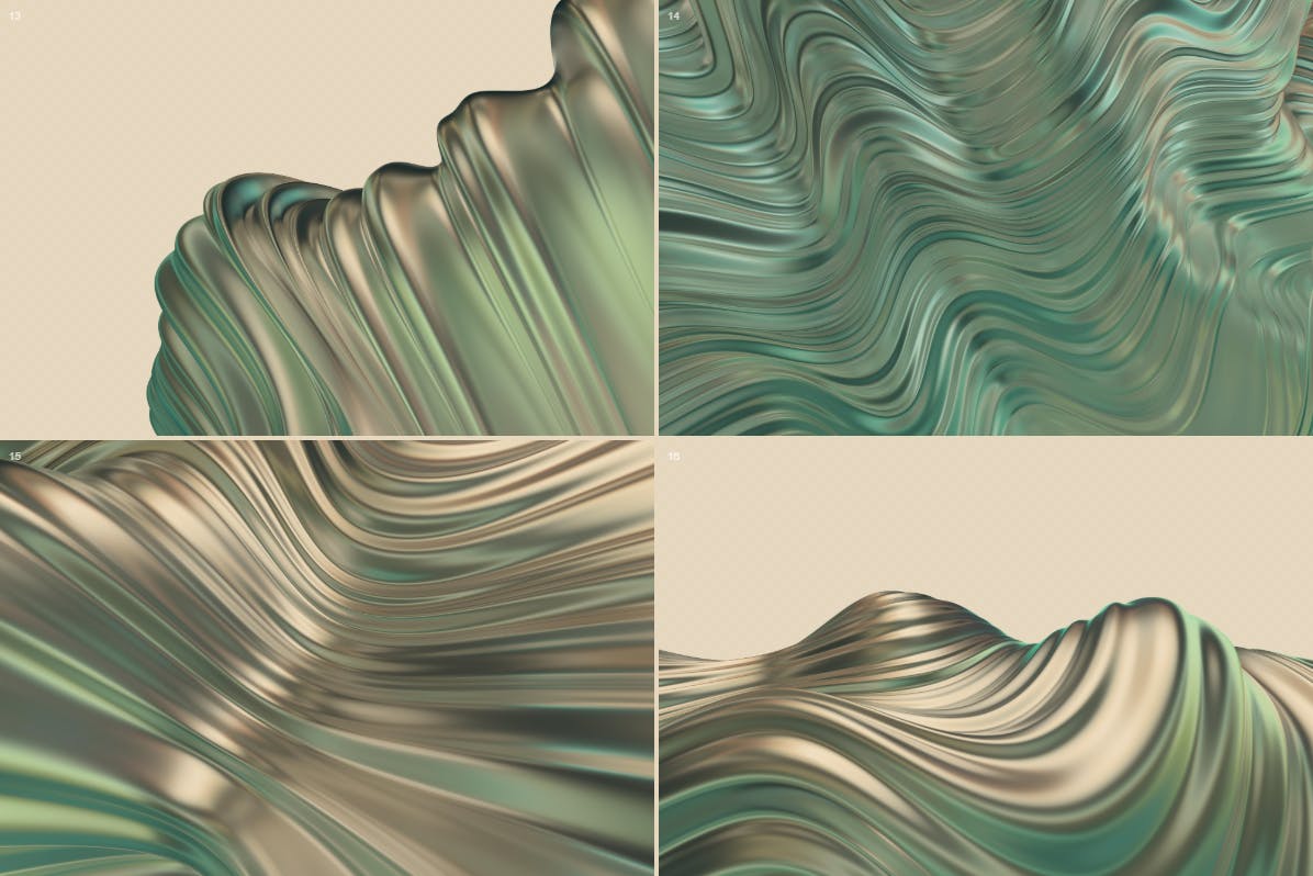金绿色3D波浪条纹抽象背景图素材 Abstract 3D Wavy Striped Backgrounds -Gold & Green设计素材模板