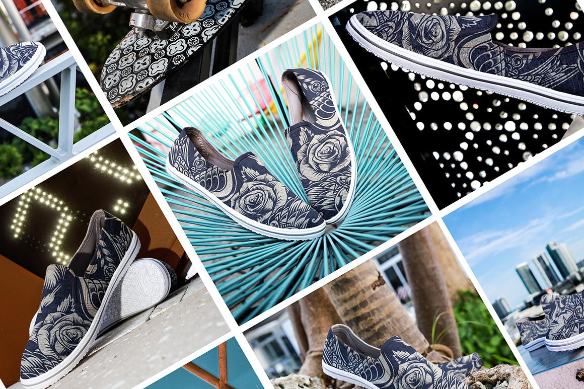 帆布鞋设计图案效果图展示样机模板 Urban Canvas Shoes Mockups设计素材模板