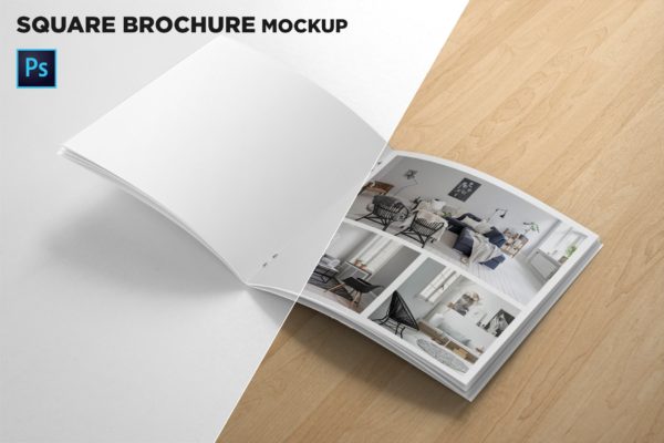 产品手册方形画册内页版式设计特写样机 Square Brochure Open Pages Mockup