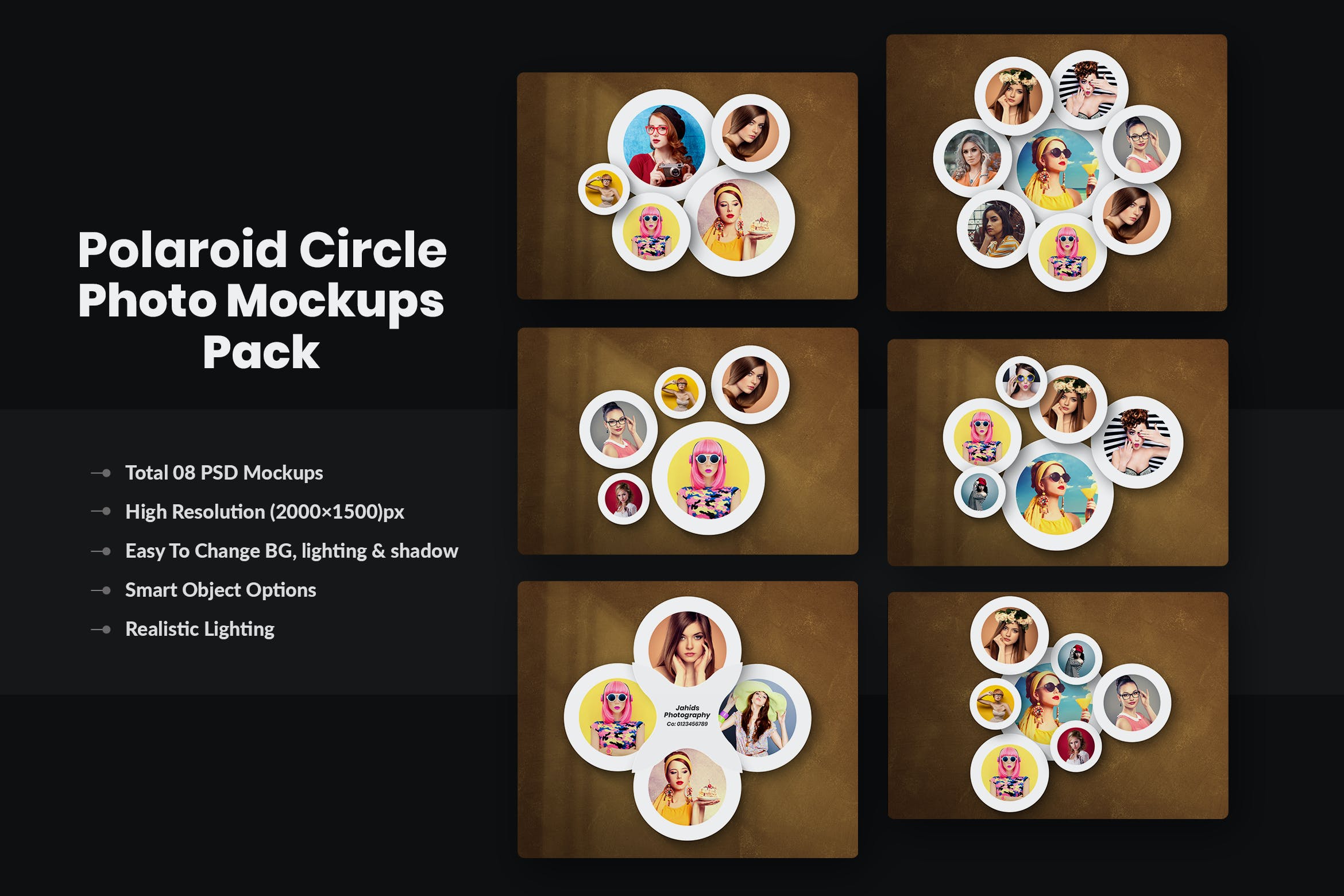 圆圈照片宝丽来样机素材 Polaroid Circle Photo Mockups Pack设计素材模板