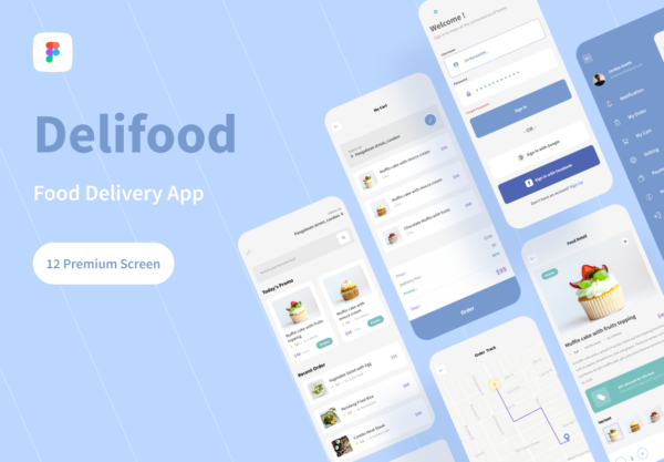 简约蓝风格设计食品送餐App应用UI套件