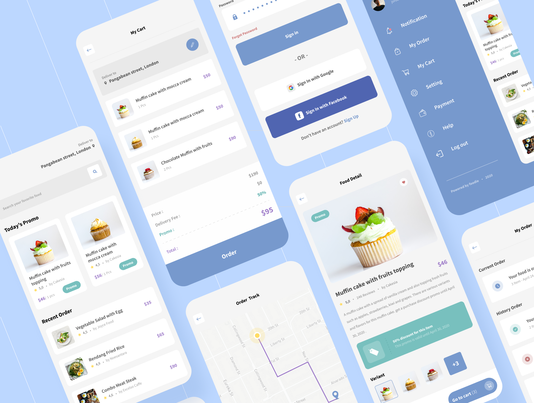 简约蓝风格设计食品送餐App应用UI套件设计素材模板