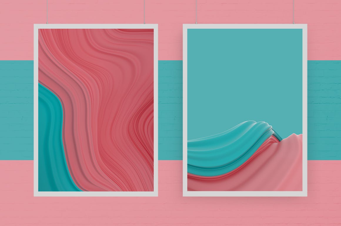 抽象3D波浪条腮红和浅海绿色纹背景图素材 Abstract 3D Wavy Striped Backgrounds设计素材模板